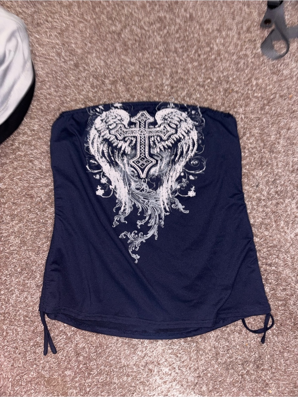 Women's Navy Strapless Tank with White Cross & Wing Graphic